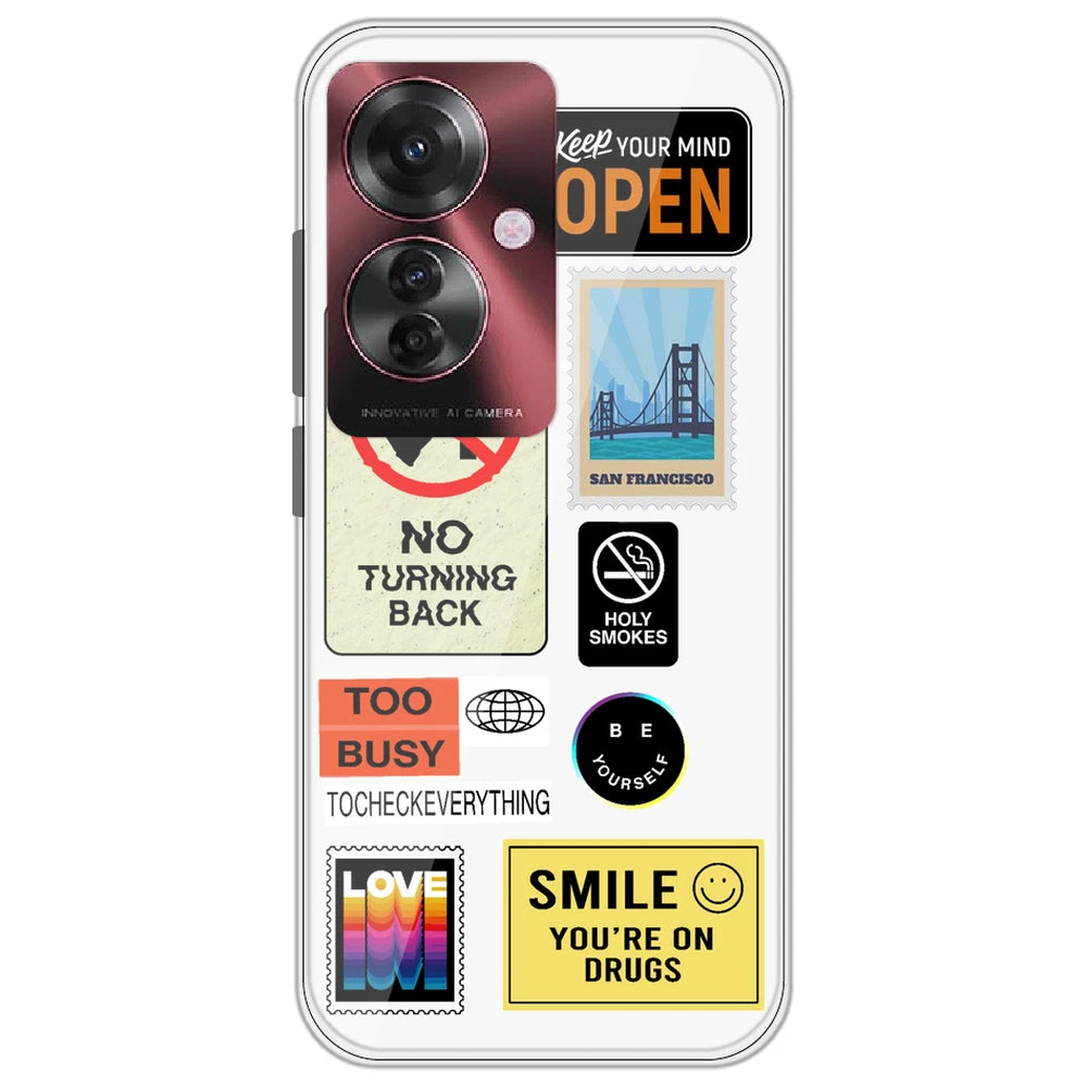 Retro Labels - Clear Printed Silicone Case for Oppo F25 Pro