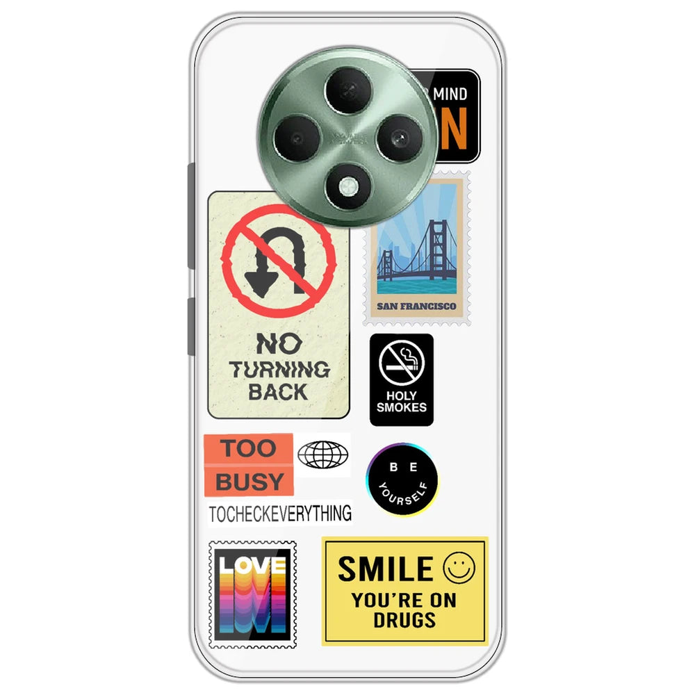 Retro Labels - Clear Printed Silicone Case for Oppo F27