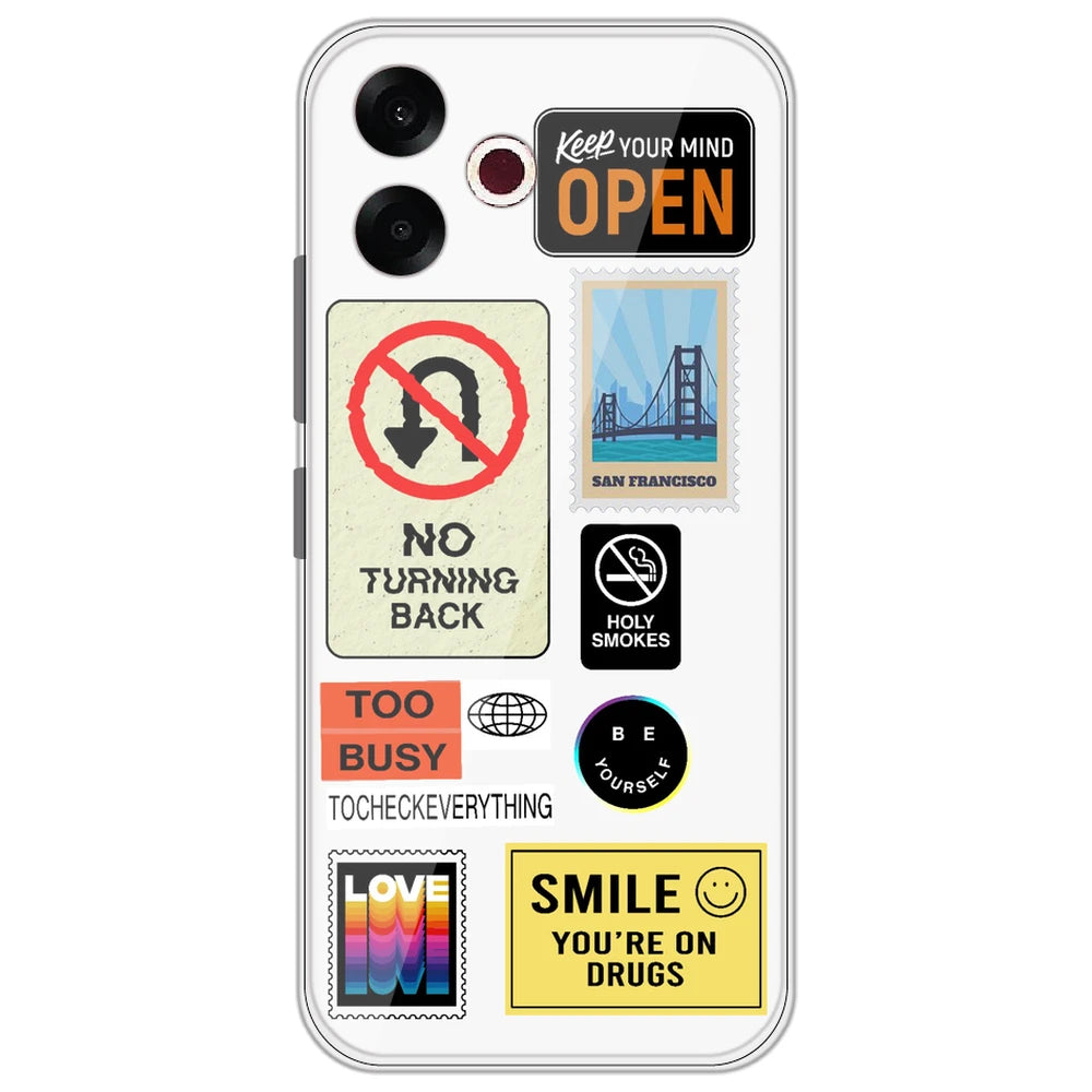 Retro Labels - Clear Printed Silicone Case for Oppo F33 Pro