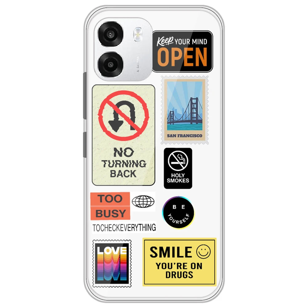 Retro Labels - Clear Printed Silicone Case for Oppo K14