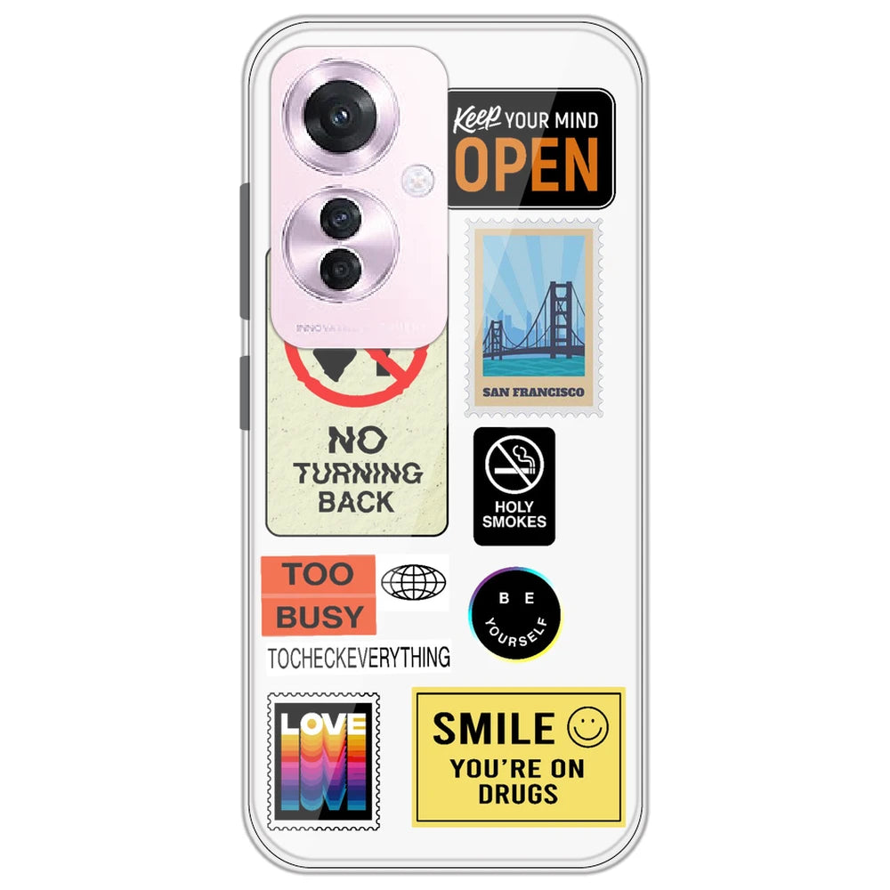 Retro Labels - Clear Printed Silicone Case for Oppo Reno 11F