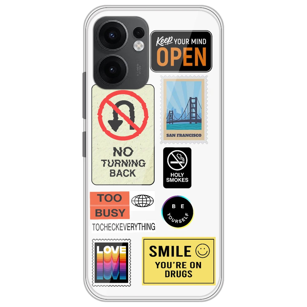 Retro Labels - Clear Printed Silicone Case for Oppo Reno 13F