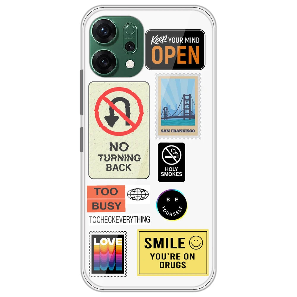 Retro Labels - Clear Printed Silicone Case for Oppo Reno 14