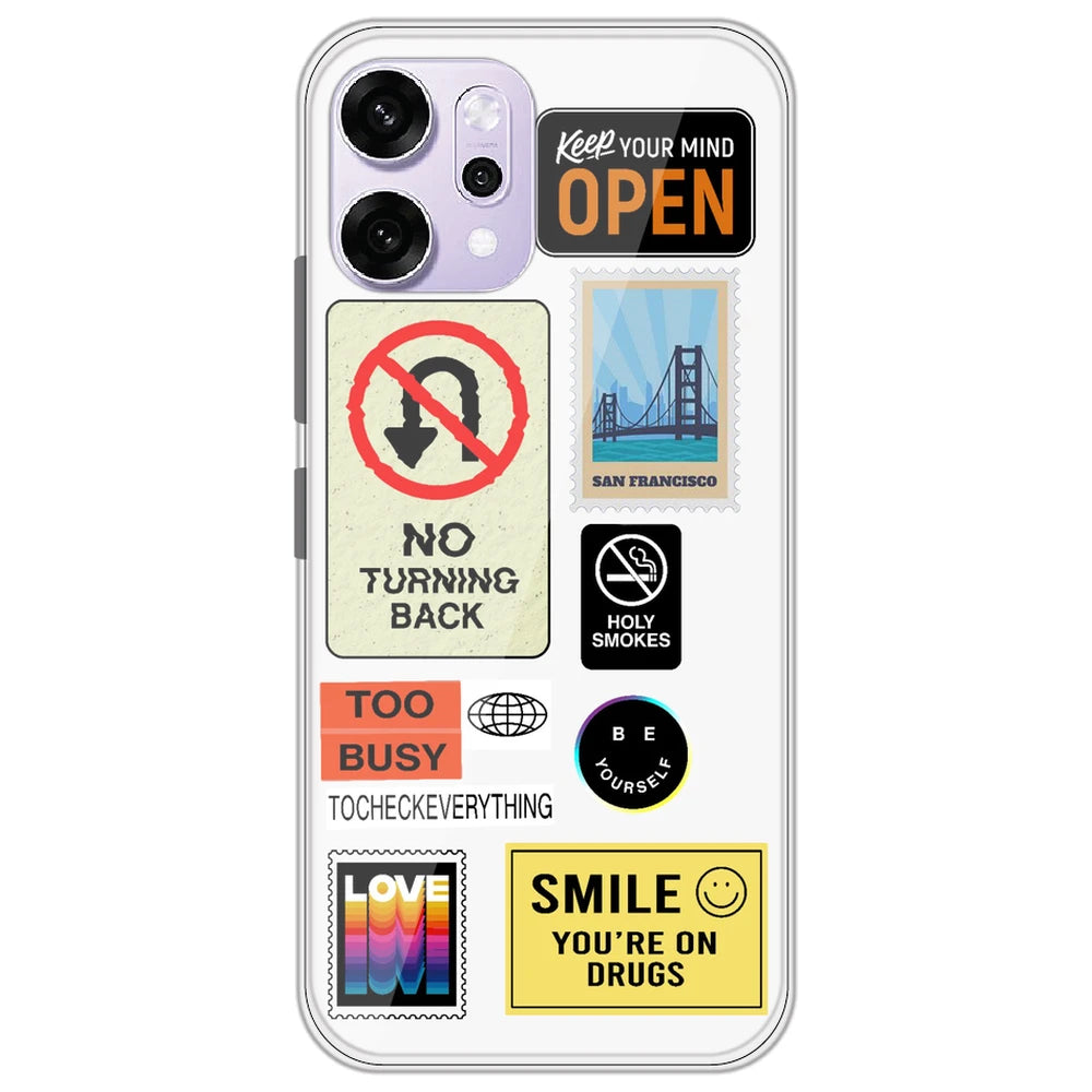 Retro Labels - Clear Printed Silicone Case for Oppo Reno 14 Pro