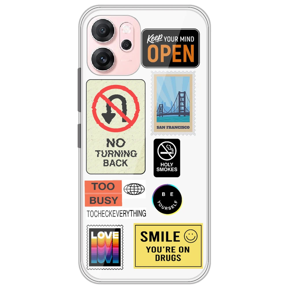 Retro Labels - Clear Printed Silicone Case for Oppo Reno 14F