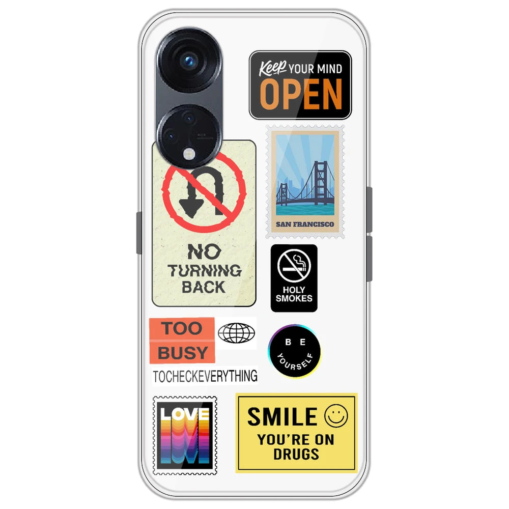 Retro Labels - Clear Printed Silicone Case for Oppo Reno 8T 5G