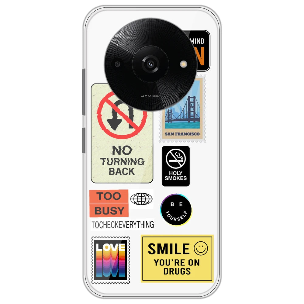 Retro Labels - Clear Printed Silicone Case for Poco C61