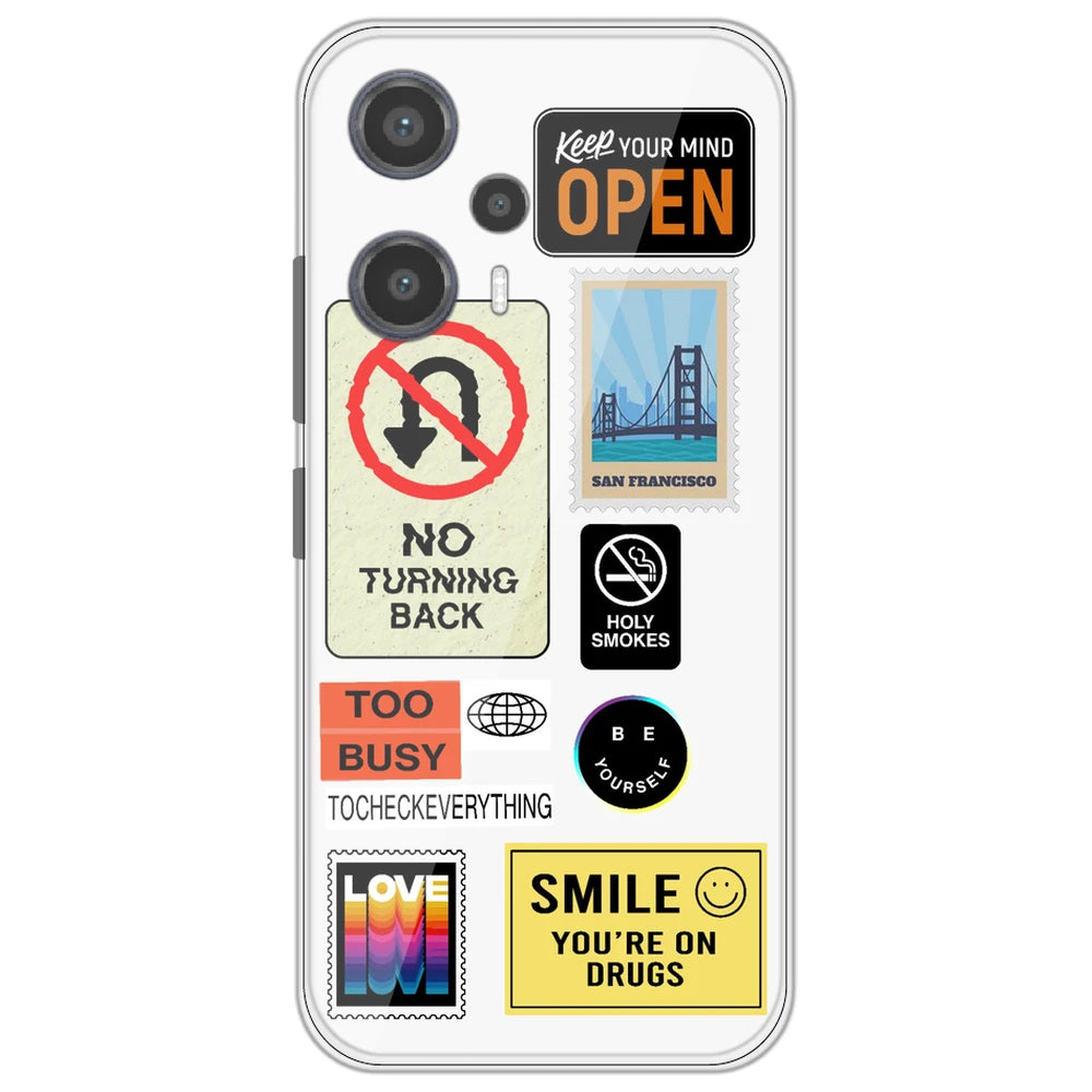 Retro Labels - Clear Printed Silicone Case for Poco F5