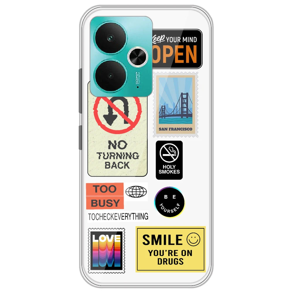 Retro Labels - Clear Printed Silicone Case for Realme 14T
