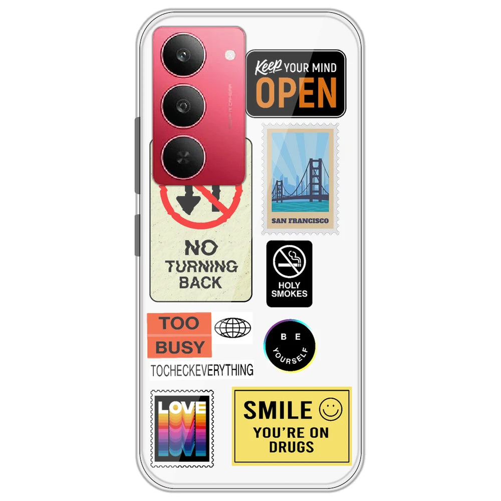 Retro Labels - Clear Printed Silicone Case for Realme 14x