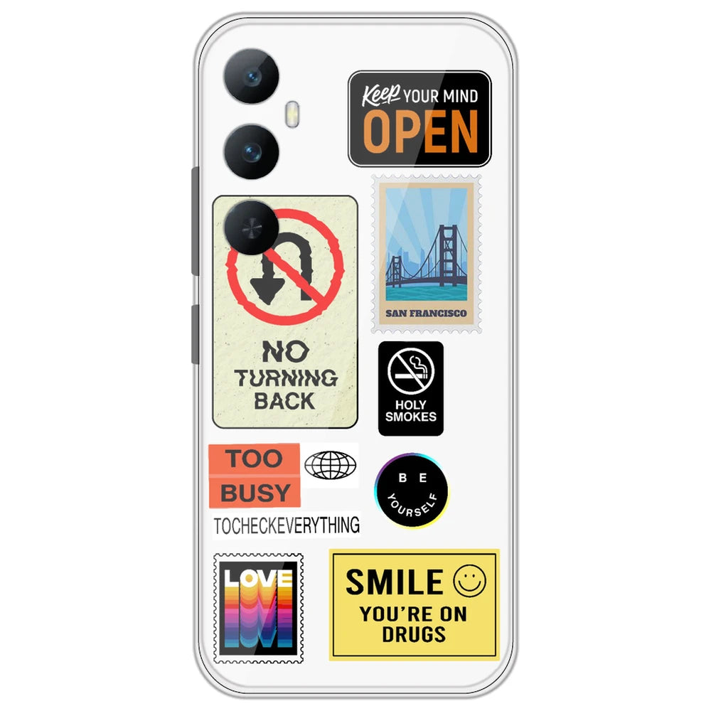 Retro Labels - Clear Printed Silicone Case for Realme C65