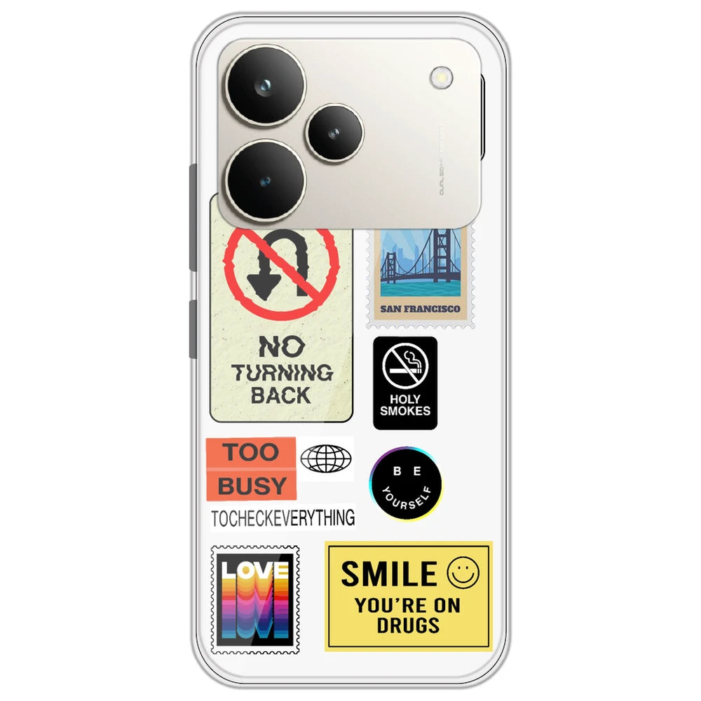 Retro Labels - Clear Printed Silicone Case for Realme P4 Pro
