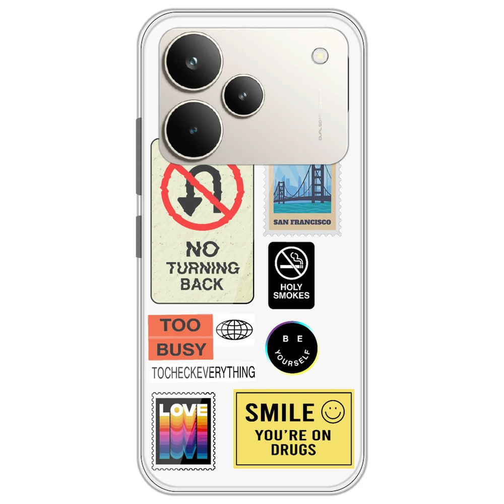Retro Labels - Clear Printed Silicone Case for Realme P4