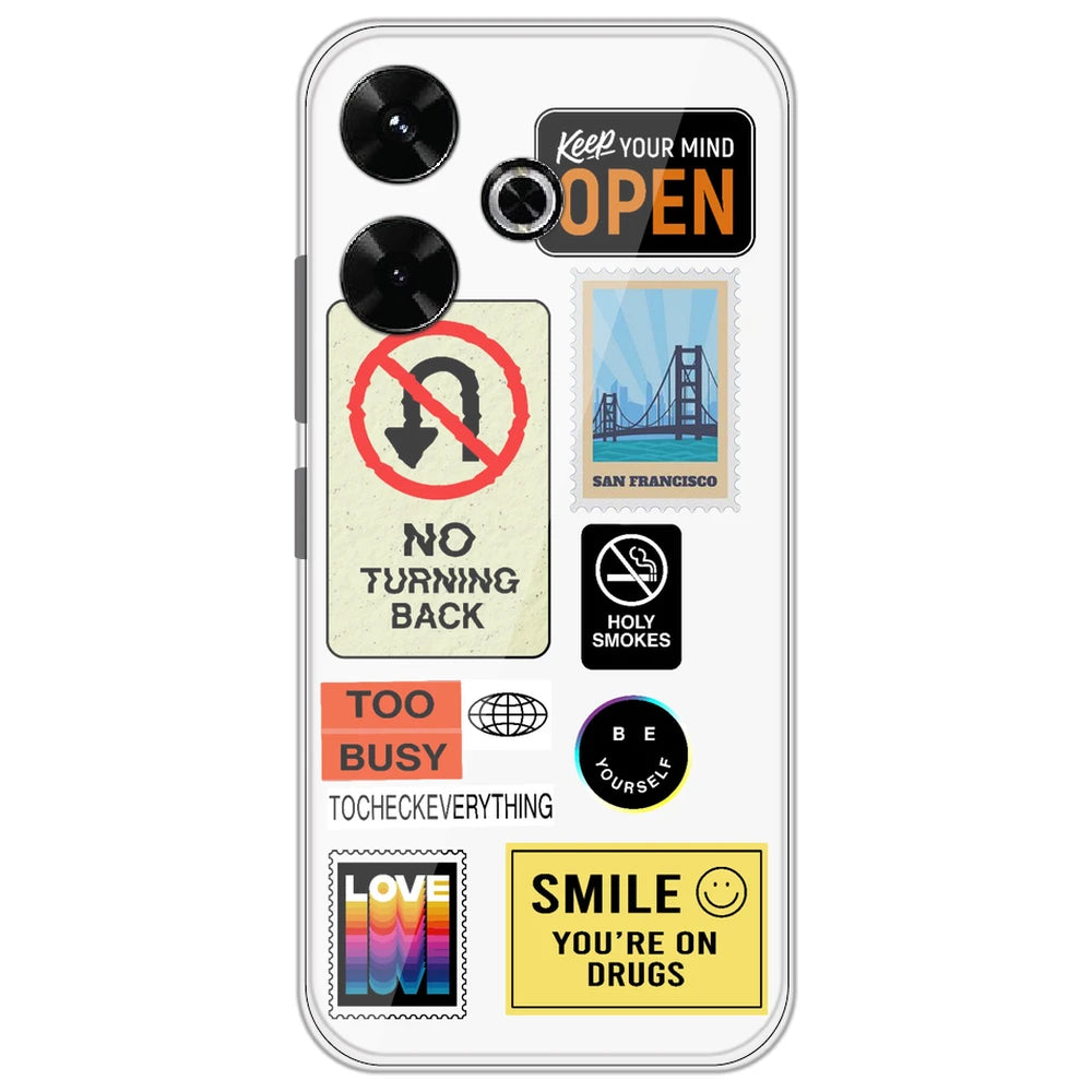 Retro Labels - Clear Printed Silicone Case for Redmi 13 5G