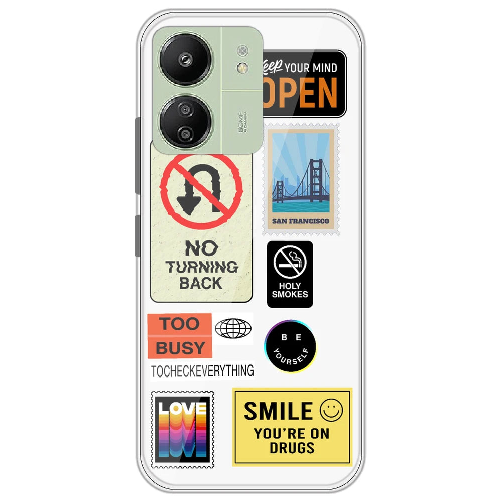 Retro Labels - Clear Printed Silicone Case for Redmi 13C 4G