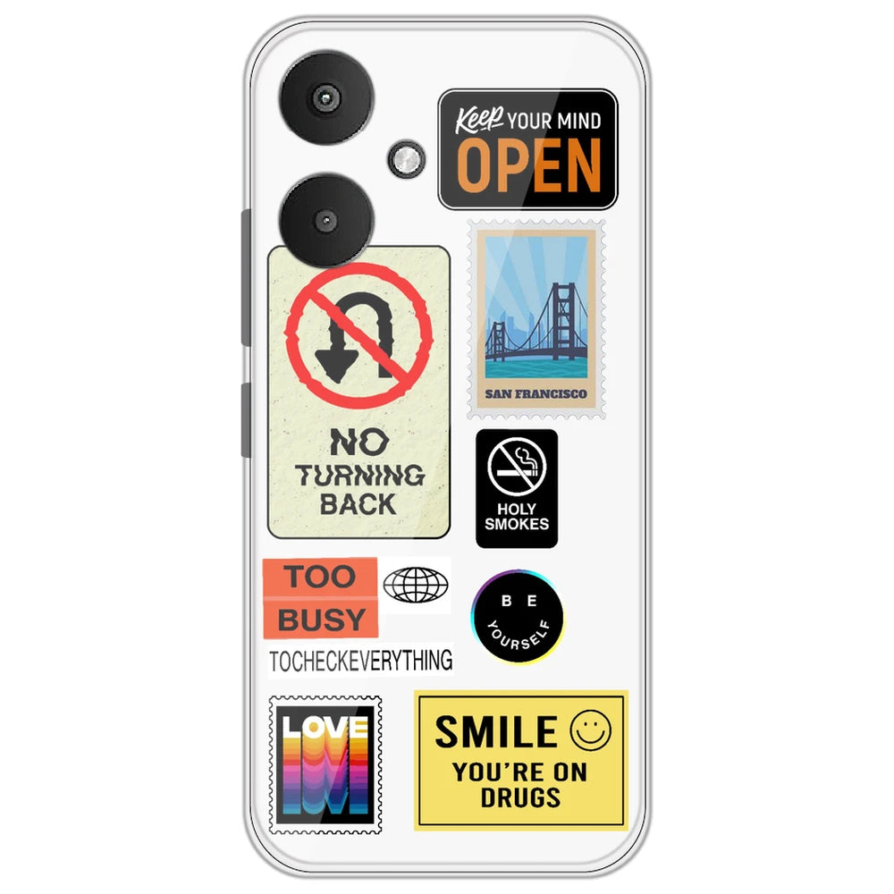 Retro Labels - Clear Printed Silicone Case for Redmi 13C 5G