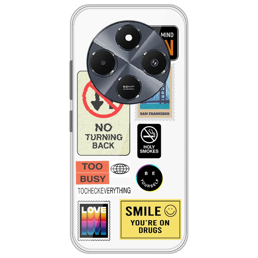 Retro Labels - Clear Printed Silicone Case for Redmi 14C 5G