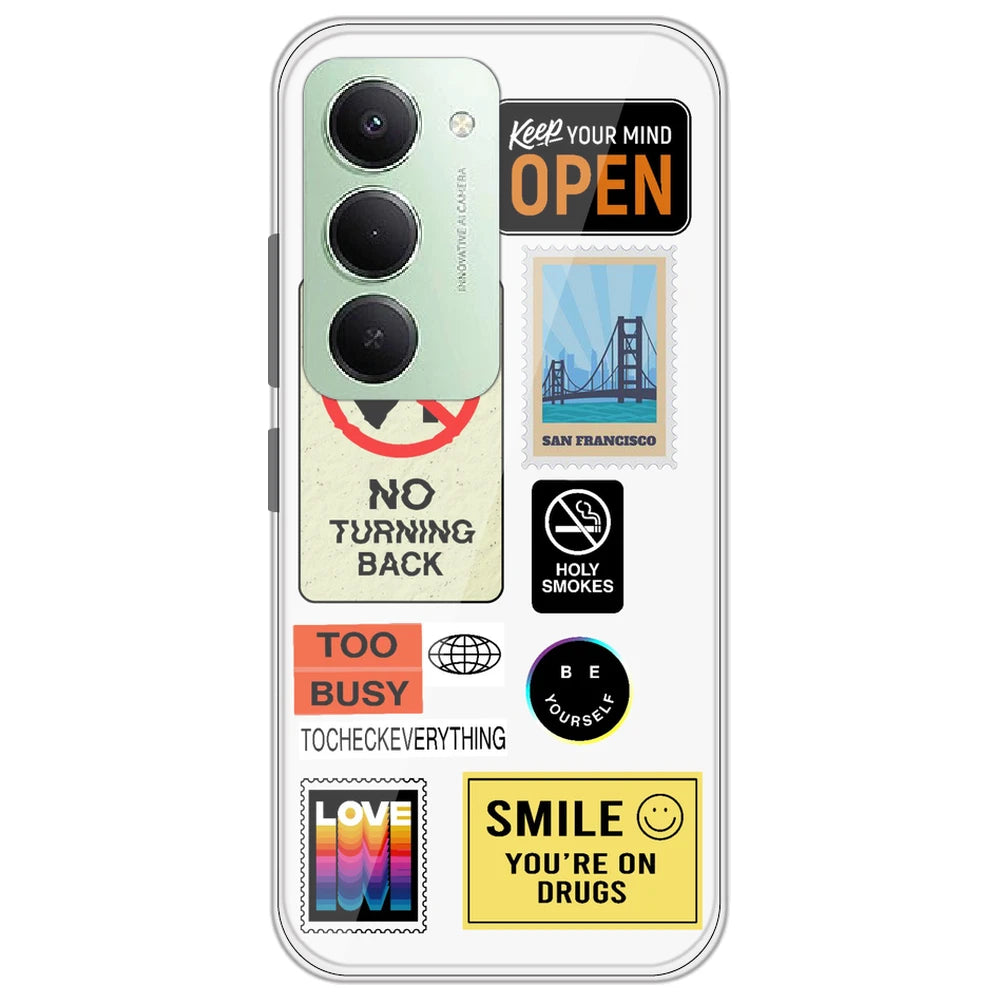 Retro Labels - Clear Printed Silicone Case for Redmi 15 5G