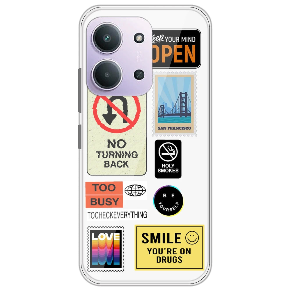 Retro Labels - Clear Printed Silicone Case for Redmi 15C