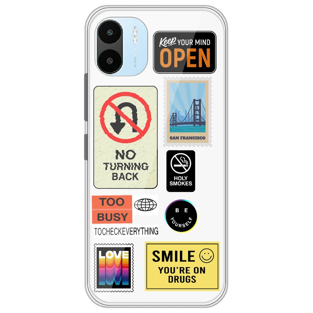 Retro Labels - Clear Printed Silicone Case for Redmi A2 Plus