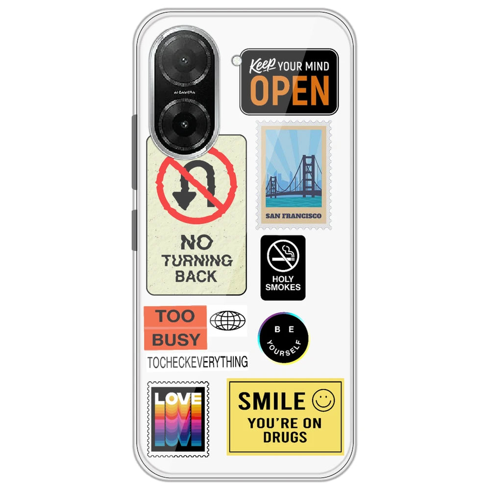 Retro Labels - Clear Printed Silicone Case for Redmi A5