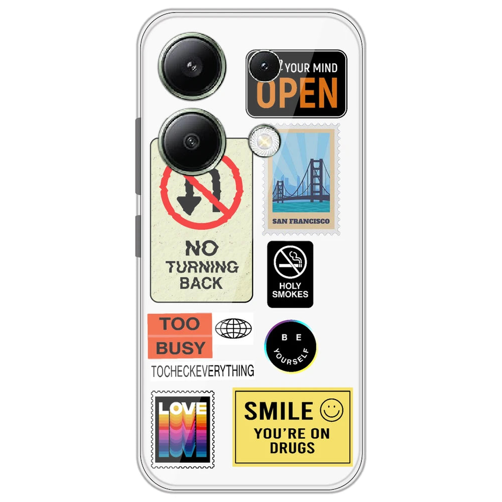 Retro Labels - Clear Printed Silicone Case for Redmi Note 13 4G
