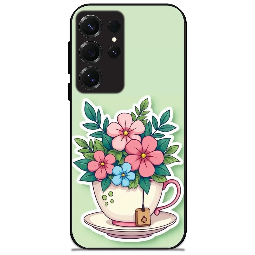 Teacup Flower Bouquet - Glossy Metal Silicone Case for Samsung Galaxy S25 Ultra